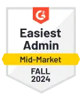 G2 badge for easiest admin, mid-market. Fall 2024