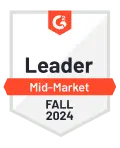 G2 badge for leader, mid-market. Fall 2024