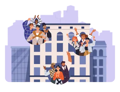 Illustration of an office building with teams of people on different floors