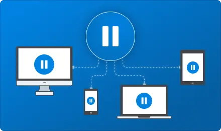 Illustration showing desktop, smartphone, tablet, and laptop with pause symbols