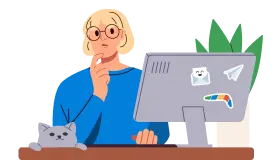 Illustration of a questioning person with a computer and a cat who